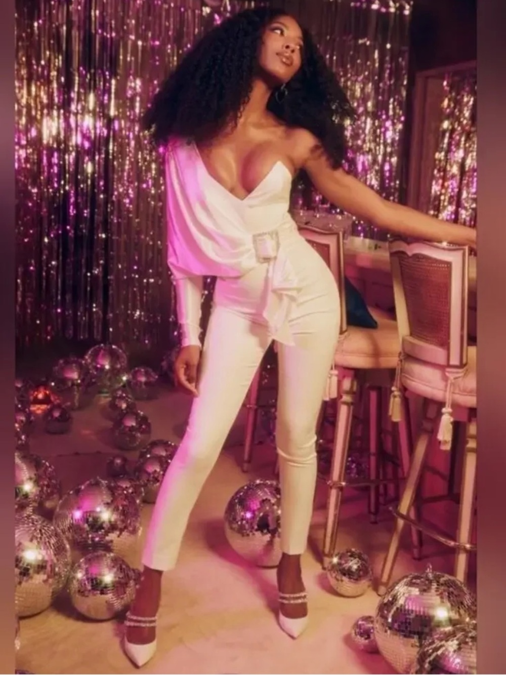 House Of CB Willow One-Shoulder Cream Satin Jumpsuit Crystal Belted, Disco, S